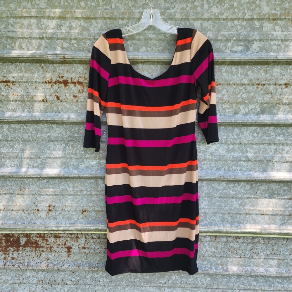 Frank Lyman Vibrant Striped Multicolor 3/4 Sleeve Dress